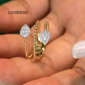LUOWEND 100% 18K Yellow Gold Rings 0.20carat Real Natural Diamond Engagement Ring for Women Fashion INS Style High Party Jewelry