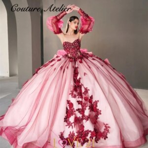 Red Lace Applique Puff Sleeve Mexican Quinceanera Dresses Beads Birthday Party Ball Gown vestidos de 15 quinceañera Customized