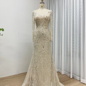 MYMB new Pearls V-Neck IVORY Long Sleeve Evening Dress Cocktail Vestidos Wedding Dress Party Gowns For Women Customized MB40301