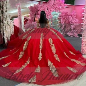 Customized Mexican Red Sweet 15 16 Year Girl Quinceanera Dresses With Cape Gold Applique Women Prom Party Dress Vestido De Anos