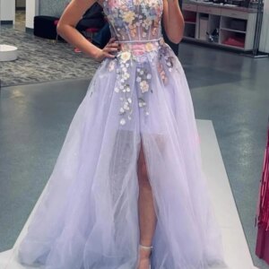 Classy Long Purple Two Pieces Spaghetti Straps Tulle Prom Dresses with Appliques with Slit A Line Floor Length Party Gowns