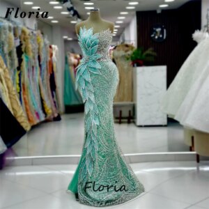 Vestidos De Festa Green Beading Evening Dresses Elegant Crystals Mermaid Prom Gowns Arabic Dubai Cocktail Party Dress Customized