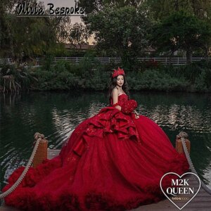 Appealing Red Bow Ruffles Quinceanera Dresses Beads Applique Tulle Ruched Train Ball Gown Mexican Wedding Party Dress Customized