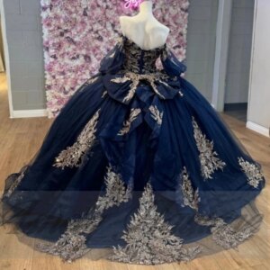 Customized Navy Blue Women Prom Birthday Party Dress Off Shoulder Lace Applique Corset Puffy Sweet 15 Vestido De xv Quinceanera