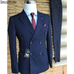Navy Blue Stripe Men Business Formal Occasion Tuxedos Grooms Wedding Party Prom Male Suit 2 Piece Set Blazer Pants
