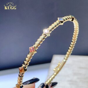 KUGG 18K Yellow Gold Bracelet Fashion Princess Cut Real Natural Color Sapphire Spring Design Exquisite Party Jewelry for Women