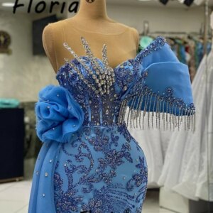 Stunning Blue Long Wedding Party Dress Adorned with Shimmering Stones and Tassels Celebrity Beaded Side Trail Evening Prom Gowns