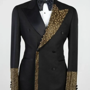 Black Evening Party Men Suits Gold Crystal Pearls Two Pieces Blazer Groom Wear ( Jacket + Pants )