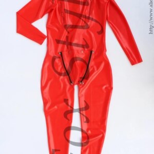men’s latex catsuit with hood&socks full cover rubber bodysuit red color fox style with cod pieces with hole on penies