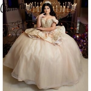 Champagne Appliques Lace Ruffles Quinceanera Dresses Ball Gown Off The Shoulder Bow Sweet 15 Años Mexican Customized