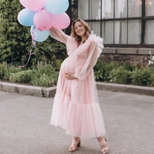 Vintage Pink Maternity Robes for Photography A Line Long Sleeves Women Dresses Ruffles Tea Length Customized Baby Shower Gowns