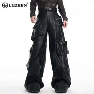 LUZHEN 2025 New Original Zipper Pockets Decorate Design Loose Straight Leather Pants Men’s Fashion High Street Wide Leg LZ8583