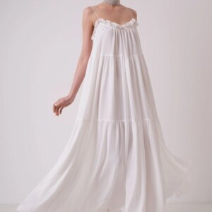 CustomizedTemperament Chiffon A-Line Spaghetti Straps Evening Dress V-Neck Lace Up Back Sleeveless Floor Length Panel Train Whit