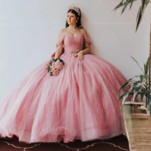 Customized Pink Ball Gown Quinceanera Dresses Off Shoulder Bow Tull Party Birthday Mexico Sweet 16 Dress Vestidos 15 De Anos