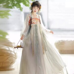 Ancient Costume Adult Women’s Han Chinese Clothing Chest Elements Embroidery Spring and Summer Daily Wear Match Suit