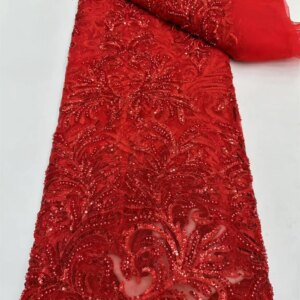 Red African Lace Fabric 2025 Sequin Bead Embroidery Groom Nigerian Bridal High Quality French Tulle Lace Fabric For Dress A955-1