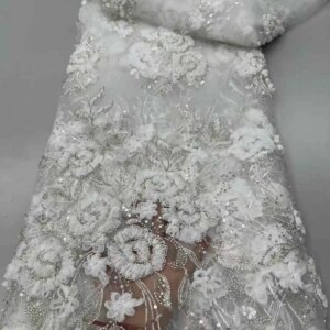 African Beads Lace Fabric 2025 5 Yards High Quality 3D French Mesh Tulle Embroidery For Wedding Bridal Lace