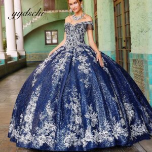 Shiny Quinceanera Dresses Beading Party Elegant Off the Shoulder Evening Prom Dress for Women Birthday Tulle Applique Ball Gown
