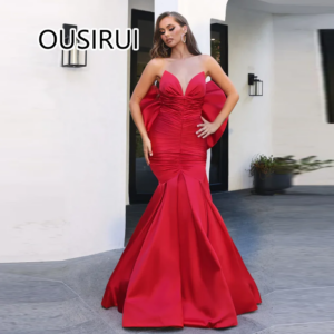 Strapless Satin Formal Striking Evening Bridesmaid Dress Ruffles Mermaid Backless Sheath Evening Gown with Bow Custom Made