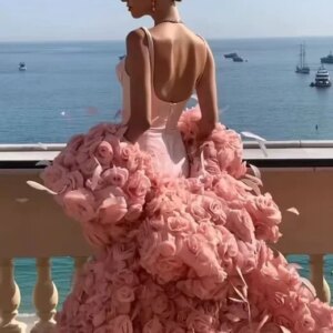 فستان سهرة Pink Organza Rose Flowers Shawl Mermaid Formal Party Evening Dress vestido de noche
