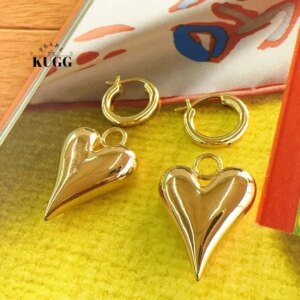 KUGG 100% 18K Yellow Gold Earrings Fasion Simple Style Romantic Heart Shape Hoop Earrings for Women High Wedding Jewelry