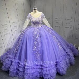 Glittering Lavender Ball Gown Quinceanera Dresses O-Neck Sexy Long Sleeves Princess Party Vestidos De 15 Anos Customized