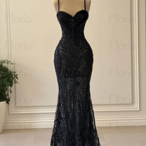 Floria Summer Black Beaded Party Dress Straps Mermaid Backless Cocktail Dress Customized Midi Long Prom Gowns Birthday Dress