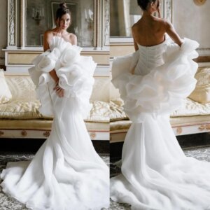 Customized Simple Elegant Strapless Evening es Flower Contoured Open Back Net Tulle Anke Length Custom