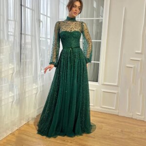 Customized Crystals Evening Dresses High Neck Illusion Full Sleeves Floor-Length Sparkle Prom Dresses Bespoke Occasion Gown