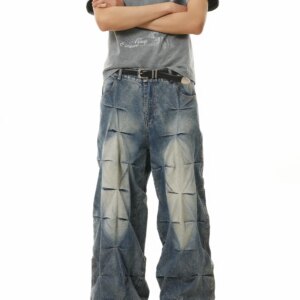 Niche Design Washed Pleated Loose Jeans American Retro Wide Leg Casual Trousers