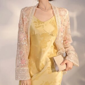 New national style fashion sequin jacquard hollowed out thin coat woman