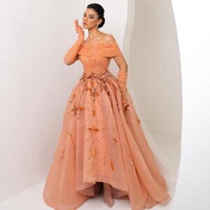 Customized Chiffon Flower Sequined Pleat Beach A-line Boat Neck Bespoke Occasion Gown Long Dresses