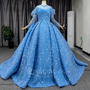 Luxury 3D Flower Muslim Fluffy Wedding Bridal Gowns Dresses Long Sleeves Shiny Glitter Evening Prom Ball Gown Lsch02