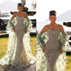 Spaghetti Straps Crystal Mermaid Evening Dresses Elegant Floral Appliques Prom Dress Rhinestone Party Gown Customized