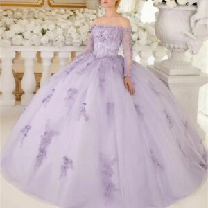 Corset Ball Gown Women Sweet 15 Dress, Quinceanera Dresses 16 Party Gown, Long Off Shoulder Sleeves, Beaded Flower Appliques