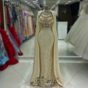 Dubai Beaded Sequin Wedding Formal Party Dress with Long Cape Champagne Pearls Stones Evening Wear Musilm Woman Special Occasion