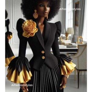 Gold Black Women Suit Skirt Set 2 Piece Blazer+Prom Dress Formal Office Jacket 3D Flower Customized Wedding Tuxedos Party Coat