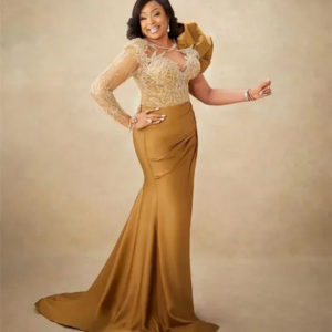Elegant Gold Mermaid Prom Ruffled Taffeta Lace African Formal Party Dress Plus Size Wedding Guest Gowns Dresse