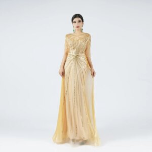 Baisha Golden Beaded Evening Dress Luxury Yellow Mermaid Gown Custom Plus Size Celebrity Party Prom Special Occasion Clothing