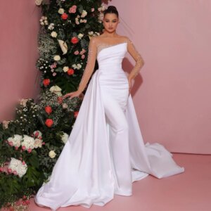 Sheer Neckline Mermaid Wedding Dress for Bridal Beads Full Sleeve Detachable Train Robe De Mariee Satin 2In 1 Trumpet Bride Gown