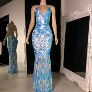 Backless Blue Spaghetti Straps Long Black Girls Prom Dresses Mermaid Style Sequins Sparkle Slit Prom Party Gowns Customized
