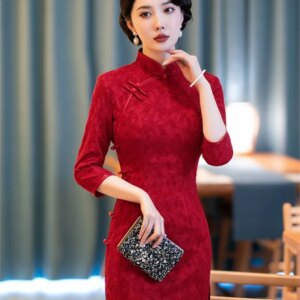 Women’s long slim-fit silk cheongsam runway red banquet dress