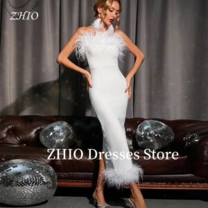 ZHIO Ostrich Feathers Evening Dress Strapless Straight Slit Formal Occasion Dress Saudi Arabic Party Prom Gown Customized