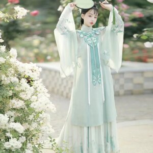 New Ancient Chinese Clothing Women’s Ming Collar Top Shirt Suit Waist-High Dress Autumn Summer Daily Hanfu Shoulder Embroidery