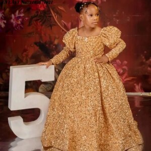 EVLAST Customized Gold Sequined Girls Party Dress Long Sleeve Shiny Flower Girl Dress Baby Kids Ball Gowns for PhotoShoot FD19
