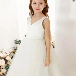 Girls Party Dress Elegant Flower Girl Dress Satin Tulle Princess Pageant Dresses for Girls Pearl Beads Wedding Maxi Gown