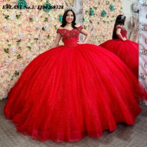 EVLAST Customized Shiny Red Quinceanera Dress Ball Gown Applique Crystal Beaded Corset Sweet 16 Dress Vestidos De 15 Anos E3Q557