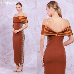 Customized Evening Dress Formal Party Occasion YPMWZX Off-the-shoulder Column Ankle Length Skirts Shirred Bead Bespoke