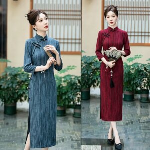 Old Shanghai Retro Women’s Long 3/4 Sleeves Cheongsam Qi Pao Autumn New Improved Stand Collar Chinese