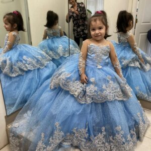 EVLAS Customized Sky Blue Flower Girl Dress For Wedding Kids Beading Ball Gown Party Girls Pageant Dress For Photoshoot TFD144